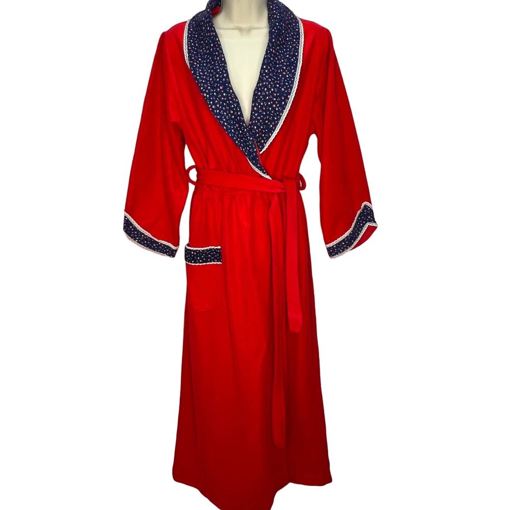 Vintage Texsheen Lingerie Robe Red Fleece Floral Lace Trim Size M Cottage